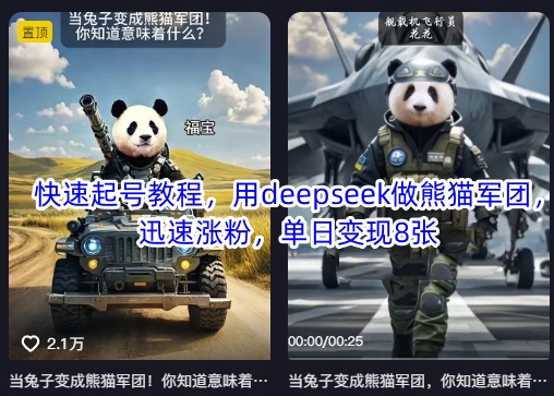 快速起号教程，用deepseek做熊猫军团，迅速涨粉，单日变现8张-网创库